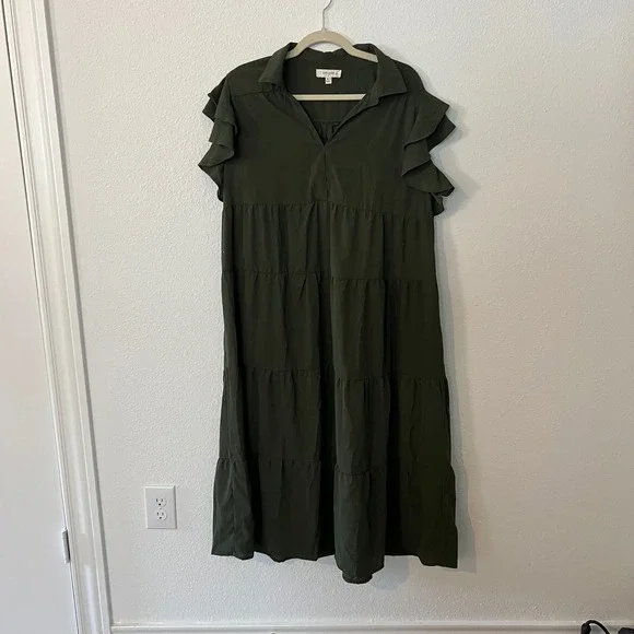 Umgee XL Olive Green Maxi Dress Ruffle Short Sleeve Tiered Casual Boho Flowy - Picture 1 of 7